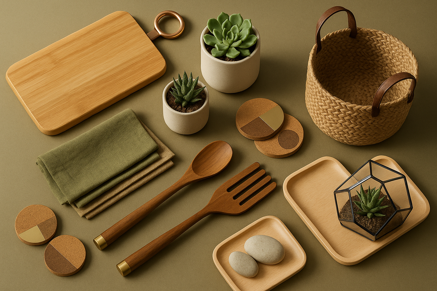 create an image of home essentials that are connected with nature which are upgraded and in khaki background